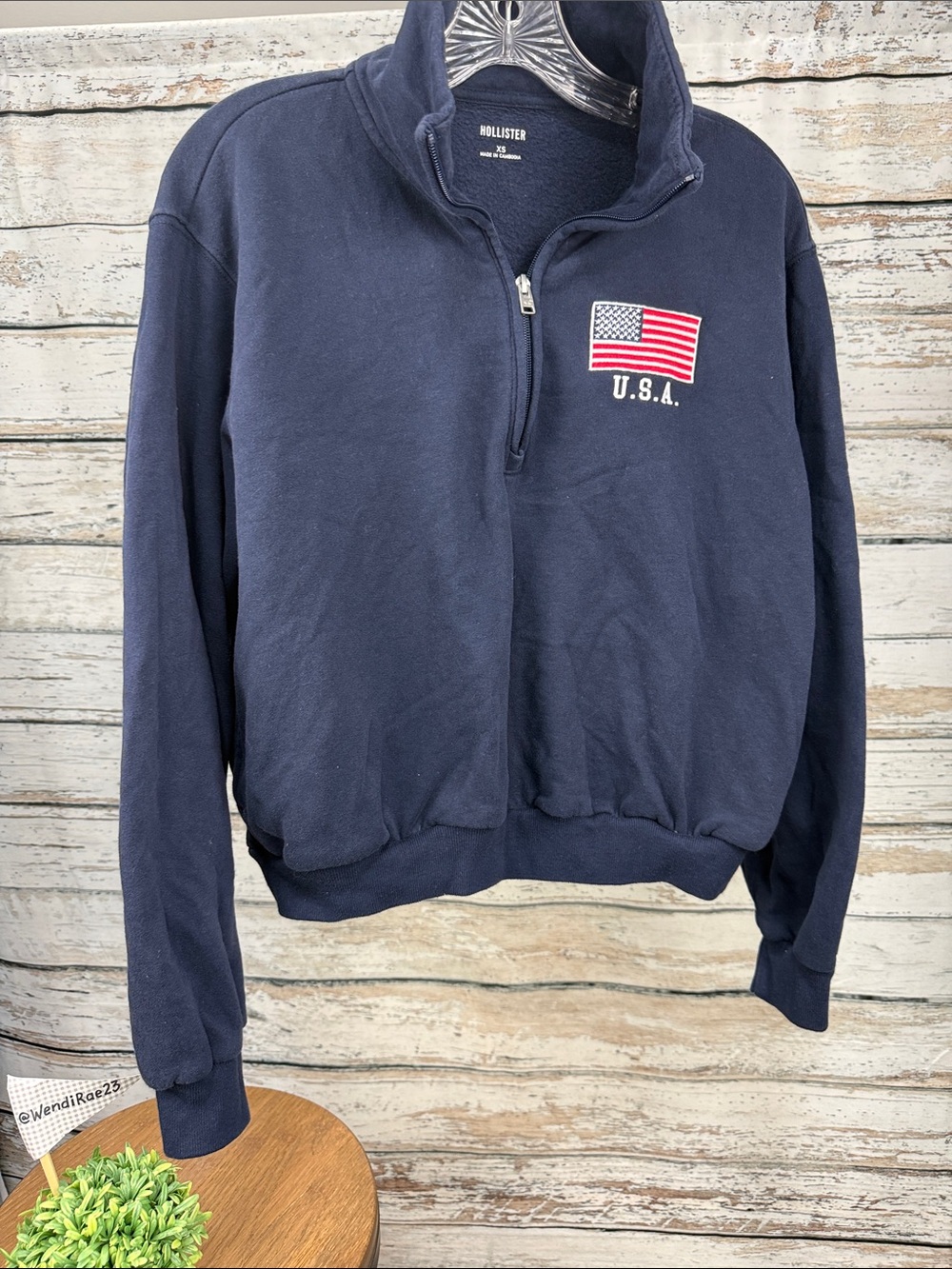 Hollister Men's Navy Half-Zip Sweatshirt with USA Flag Patch